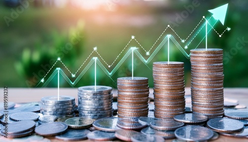 上向き矢印とビジネスの成長利益グラフ、利益成長と金利や投資配当の増加を管理するコインのスタック。 photo