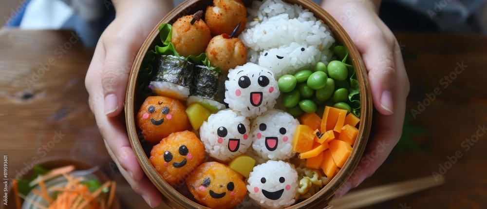 Transforming traditional Japanese bento into a playful, handdrawn set perfect for children, complete with cartoon faces on rice balls