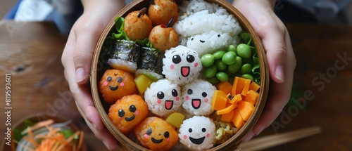 Transforming traditional Japanese bento into a playful, handdrawn set perfect for children, complete with cartoon faces on rice balls