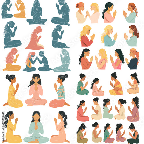 Set of  meditated women in different colours. Female cartoon character sitting in lotus posture and meditating