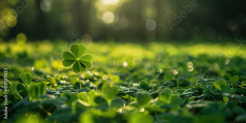 Happy St. Patrick's Day. Finding luck concept. Shamrock four leaf clover background banner with copy space in nature park in summer day