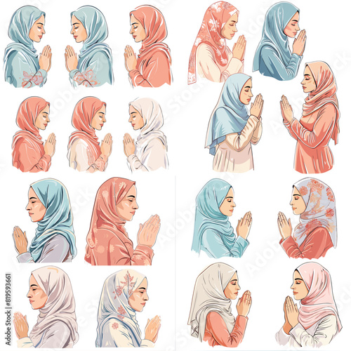 set watercolor illustration of muslim woman in hijab ramadan concept .