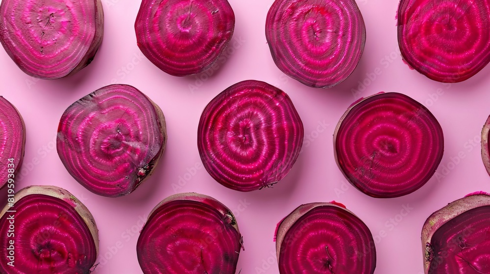 Top view of fresh beetroot slices arranged in a pattern on a pink background, showcasing their vibrant color and texture. Top view of fresh beetroot slices arranged in a pattern on a pink background, showcasing their vibrant color and texture.