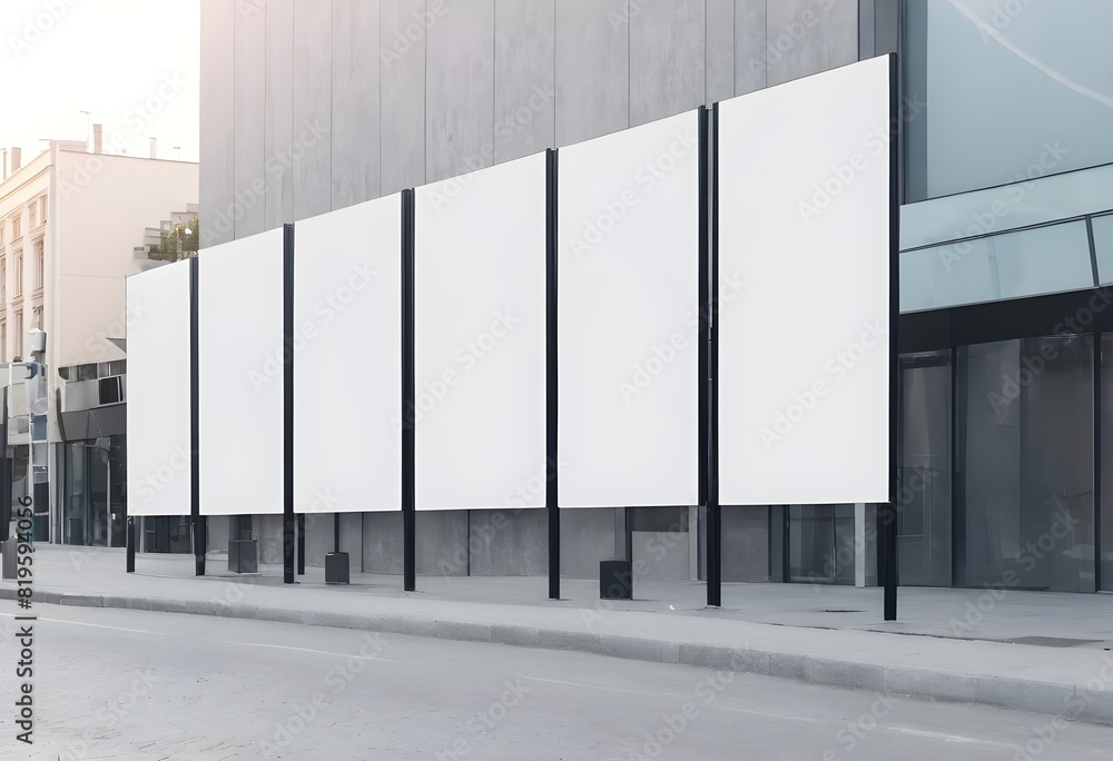 A row of empty billboards on the facade of a modern building, mockup concept, set on a city street backdrop. Mockup Wall A row of empty billboards on the facade of a modern building, mockup concept, set on a city street backdrop. Mockup Wall