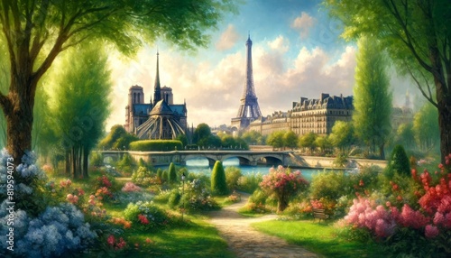 A painting showcasing the lush and serene nature of Paris's landmarks with tranquil beauty photo