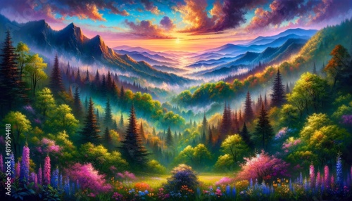 An scene captures splendor of Smoky Mountains in spring  with lush forests  blooming wildflowers and misty mountain peaks