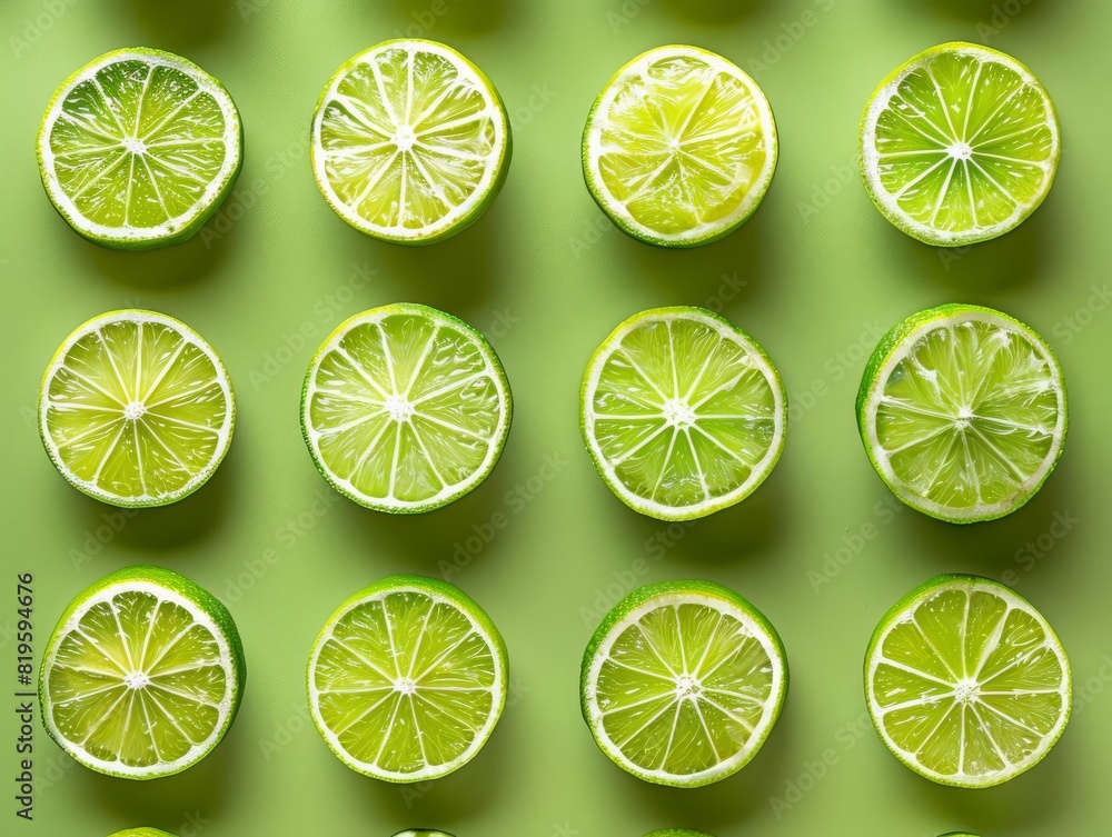 Top view of fresh lime slices arranged symmetrically on a green background, showcasing vibrant colors and citrus texture. Top view of fresh lime slices arranged symmetrically on a green background, showcasing vibrant colors and citrus texture.