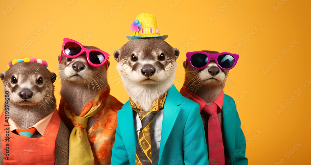 Creative animal concept. Group of otter in funky Wacky wild mismatch colourful outfits on bright background advertisement, copy space. birthday party invite invitation banner	
