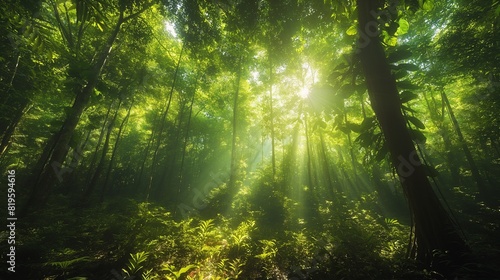 A lush forest canopy stretching as far as the eye can see  with sunlight filtering through the leaves to create dappled patterns on the forest floor. 32k  full ultra HD  high resolution