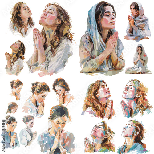 Woman praying with colorful abstract