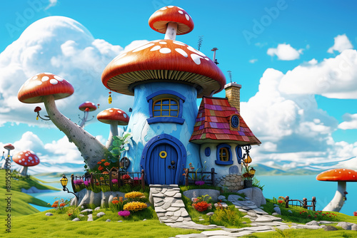 Fantasy mushroom house in the meadow with flowers and blue sky. Generative Ai