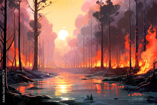 Forest fire with burning trees and grass at sunset. Generative Ai