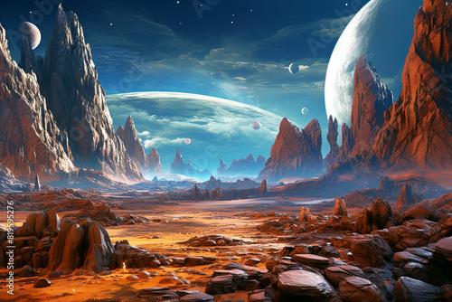 Fantasy alien planet. Mountain and sand. Generative Ai