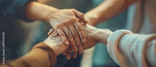Closeup of people putting their hands together in a team gesture photo