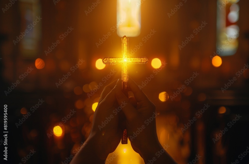 A pair of hands holding up the cross, with yellow light shining on it from behind, creating an atmosphere full of hope and love for God in church background A pair of hands holding up the cross, with yellow light shining on it from behind, creating an atmosphere full of hope and love for God in church background