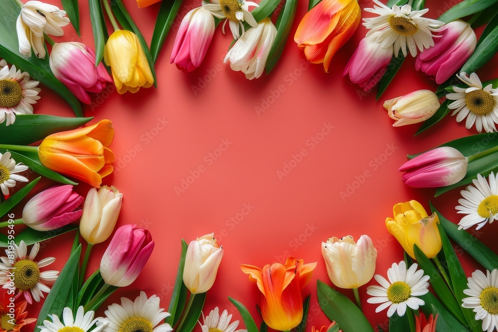 Tulips and daisies arranged around the edges, leaving ample copy space for text in the center. AI generated