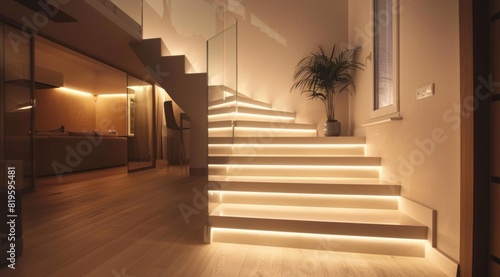 A staircase with glass balustrades and wooden steps, illuminated by soft LED lights for an elegant nighttime effect in the modern home interior. The staircase is illuminated in the style of soft LED  photo
