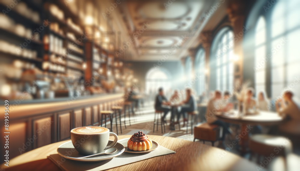 A close-up of a cappuccino and pastry in a cafe, with patrons in the background, photorealistic style, cozy concept. Generative AI A close-up of a cappuccino and pastry in a cafe, with patrons in the background, photorealistic style, cozy concept. Generative AI