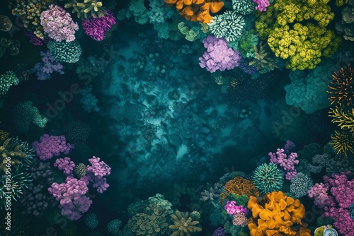 Fototapeta Naklejka Na Ścianę i Meble -  A detailed topdown texture of a colorful coral reef, captured from above, highlighting the delicate balance and biodiversity of marine life. AI generated