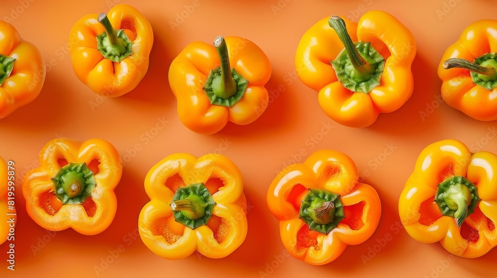 Top view of fresh, vibrant orange bell peppers arranged neatly on an orange background. Perfect for healthy eating and vegetable concepts. Top view of fresh, vibrant orange bell peppers arranged neatly on an orange background. Perfect for healthy eating and vegetable concepts.