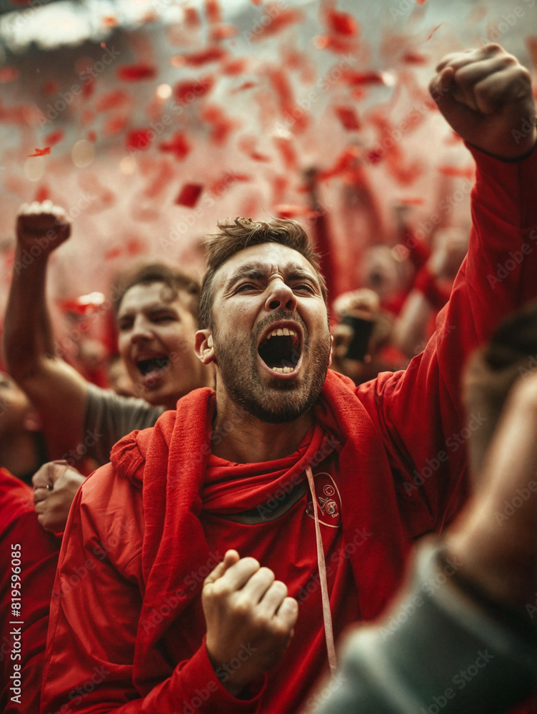 Football fan very emotional cheering for his red team at the stadium surrounded by other fans