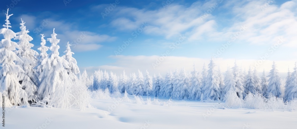 Snowy trees in a forest with a blue sky