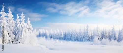 Snowy trees in a forest with a blue sky