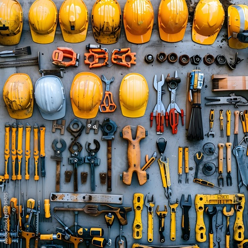 Close-up shot of construction equipment and tools neatly arranged at a construction site, ready for use by workers photo