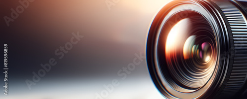 Close-up of a camera lens with vibrant reflections, against a gradient backdrop, concept of photography. Generative AI photo