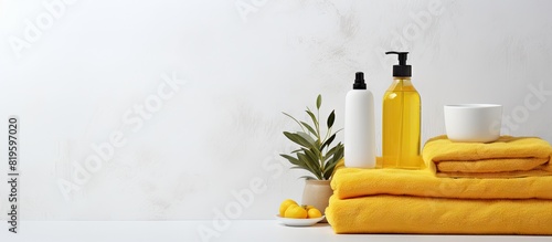 Yellow towel, cup, liquid bottle close-up photo