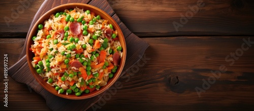 Rice peas bowl on wooden surface
