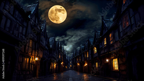 A peaceful architectural, gothic alley under the full moon: windows, pebbles, stars, silence, fog