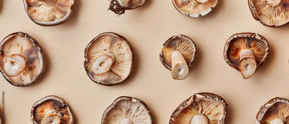 Top view of sliced mushrooms evenly spread on a beige background, showcasing their texture and natural patterns. Top view of sliced mushrooms evenly spread on a beige background, showcasing their texture and natural patterns.