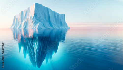 A tranquil iceberg reflected in water under a soft pastel sky, illustrating a scene of natural beauty and serenity. Generative AI