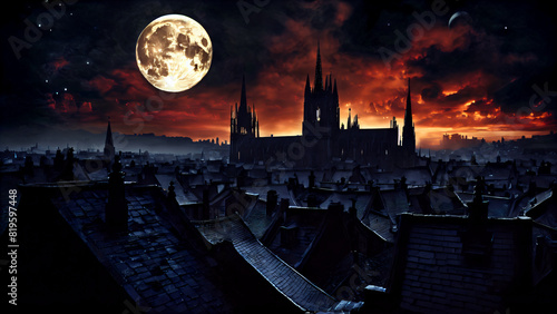 A peaceful architectural, gothic alley under the full moon: windows, pebbles, stars, silence, fog