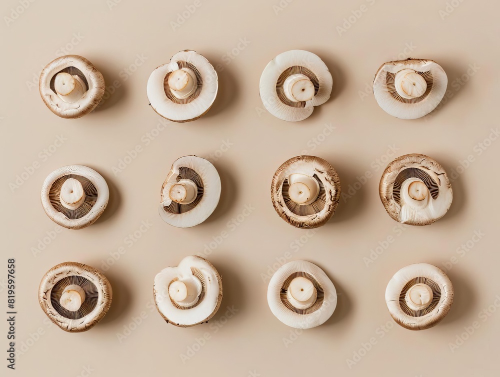 Top view of sliced mushrooms on beige background, showcasing their unique patterns and textures in a grid arrangement.