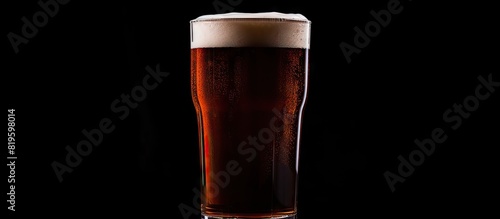 Foamy beer in glass against dark backdrop photo