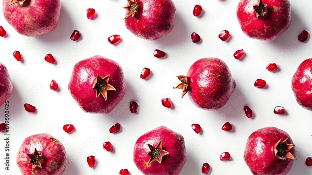 Fototapeta premium Top-down view of fresh pomegranates and seeds scattered on a white surface, showcasing vibrant red colors and symmetrical arrangement.