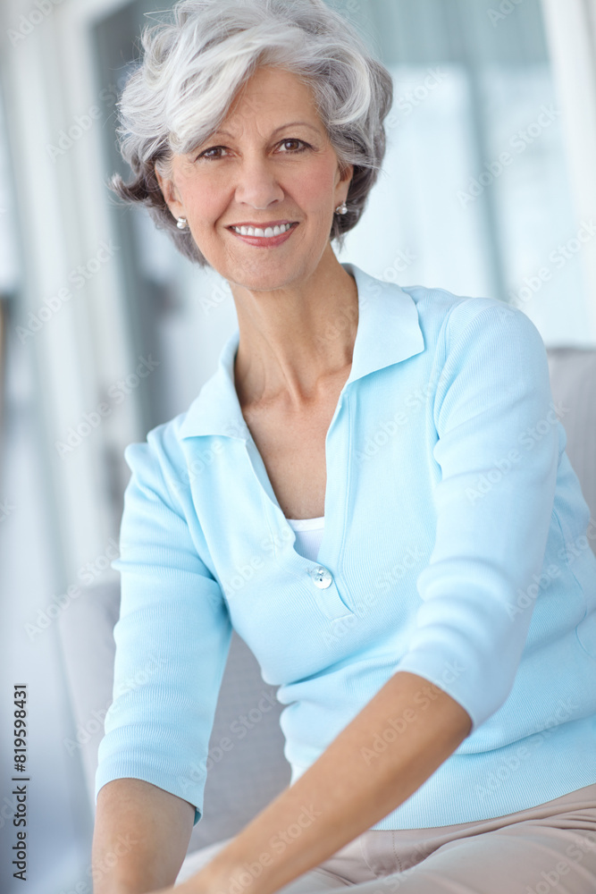 Senior, portrait and happy woman in retirement or home to relax in living room with pension. Elderly, person and smile with positive mindset in house on holiday or vacation with investment or savings Senior, portrait and happy woman in retirement or home to relax in living room with pension. Elderly, person and smile with positive mindset in house on holiday or vacation with investment or savings