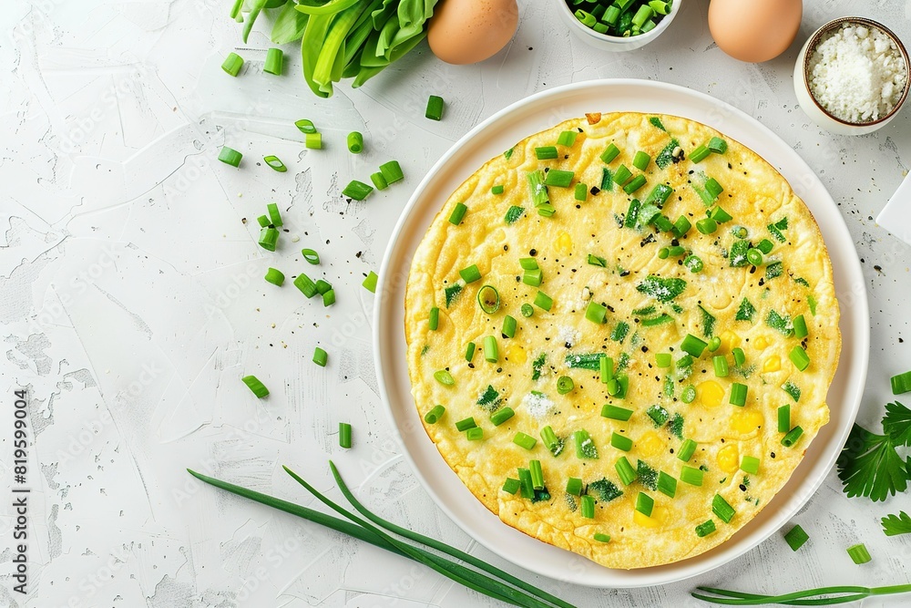 Omelette or frittatas with green onions or young greenery and mozzarella on white marble table background. Healthy food concept. Breakfast. Copy space. Top view. Mock up Omelette or frittatas with green onions or young greenery and mozzarella on white marble table background. Healthy food concept. Breakfast. Copy space. Top view. Mock up