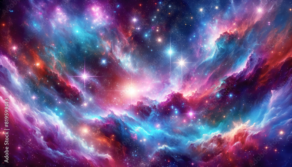 A vibrant cosmic scene depicting a colorful nebula with stars, set on a dark space background, showcasing a concept of the universe. Generative AI A vibrant cosmic scene depicting a colorful nebula with stars, set on a dark space background, showcasing a concept of the universe. Generative AI
