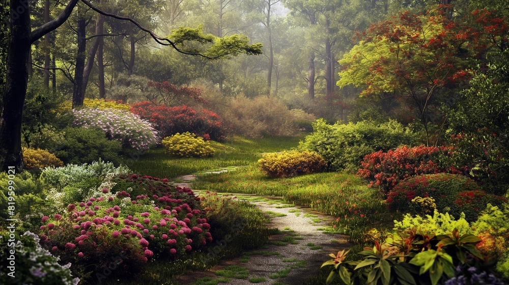 A peaceful garden in full bloom, with colorful flowers, lush green foliage, and a winding path leading through the idyllic scene. 32k, full ultra HD, high resolution