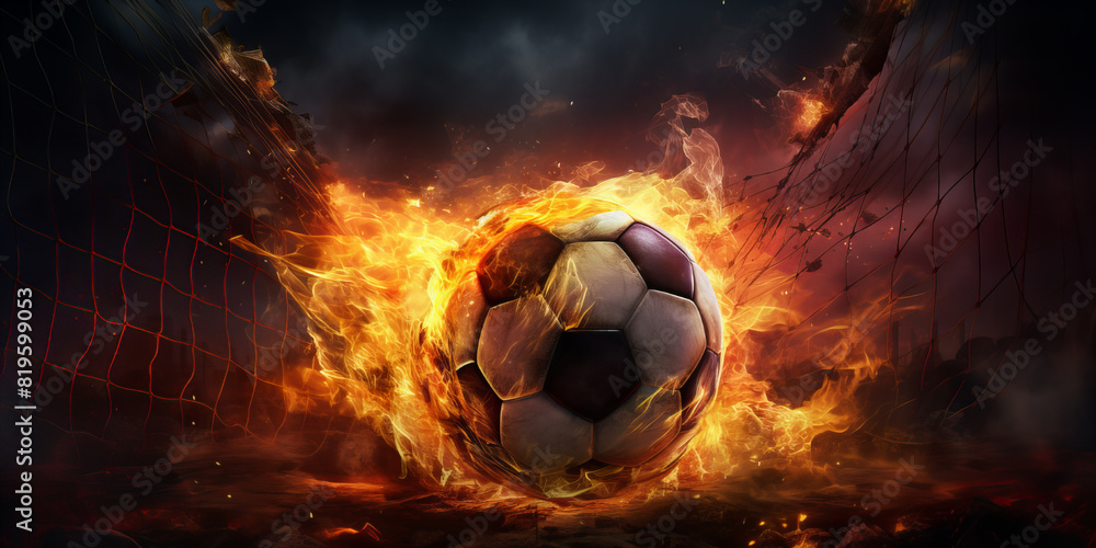 Fototapeta premium A close up of the soccer ball in the flame of fire .