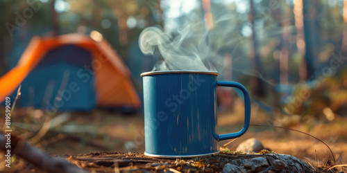 A metal cup of steaming hot coffee drink with tent in forest. Traveling in wild nature sustainable travel vacation time-spending trekking backpacking sleeping outside camping advert concept