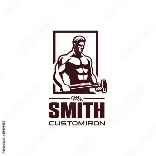 Gentleman Hold Hammer.Blacksmith Custom Iron And Metal Logo Design Vector Illustration