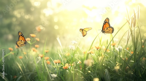 A peaceful meadow bathed in soft sunlight, with tall grass swaying in the breeze and butterflies flitting among the flowers. 32k, full ultra HD, high resolution photo
