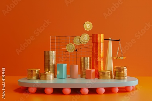 A colorful display of gold coins and other objects, including a scale