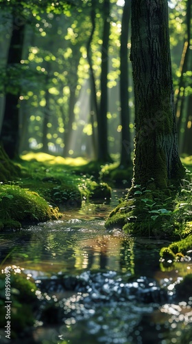 Mystical forest with glowing tree trunks and a serene creek