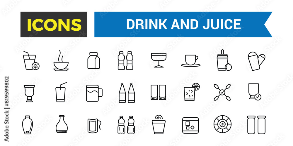 Drink and Juice icon set. Outline icons pack. Editable vector icon and illustration. Drink and Juice icon set. Outline icons pack. Editable vector icon and illustration.