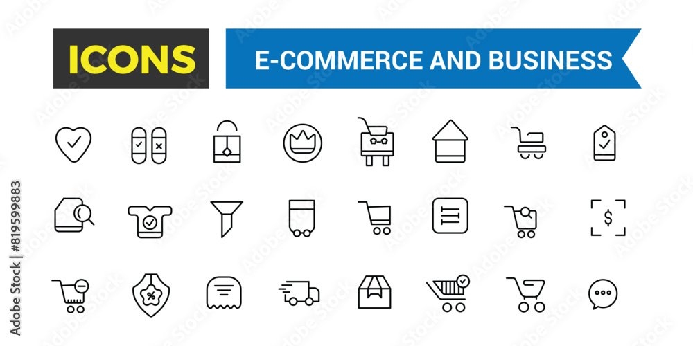 E-commerce and business icon set. Online shopping and delivery elements line icon set. Outline icons pack. Editable vector icon and illustration. E-commerce and business icon set. Online shopping and delivery elements line icon set. Outline icons pack. Editable vector icon and illustration.
